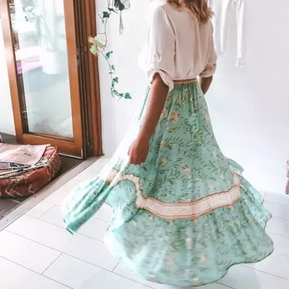 SOLD OUT Turquoise Fields Boho Ruffle Hi Low Maxi Skirt - Picture 2 of 10